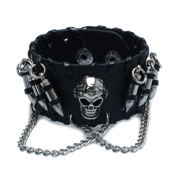 Svart Gothic Pu Läder Skull Chain Armband Armband för män