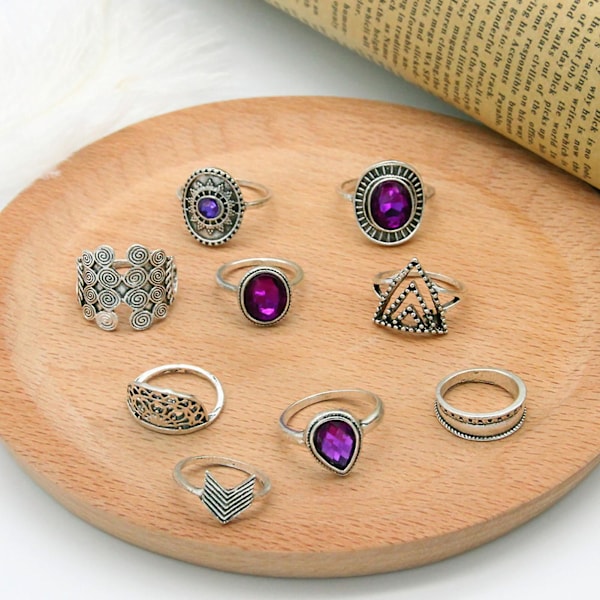 9 st/set Vattendroppe Stapelbara Knuckle Rings Legering Bohemia Lila Faux Gem Finger Rings Smycken Tillbehör