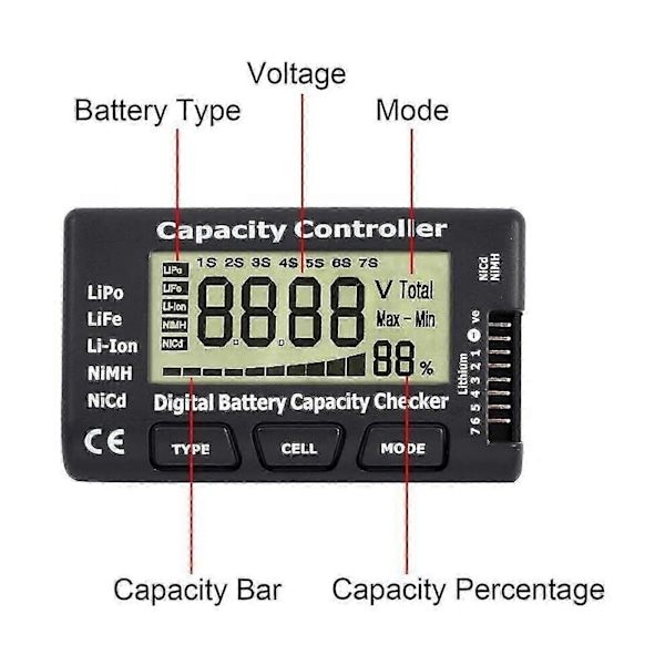 Batterikapacitet Digital Kontroll Voltage Tester Li-Ion NiMH Nicd LiPo