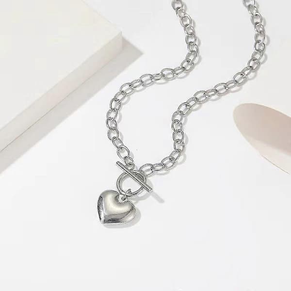 Hjerte Halskæde + Hjerte Armbånd til Kvinder Piger Hjerter Vedhæng Toggle Charm Smykkesæt Rustfrit Stål Sølv