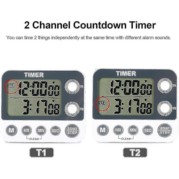 Digitalt Kjøkkentimer Magnetisk Stor Skjerm Nedtellingstimer Klokke 2 Kanalgrupper 99 Timer