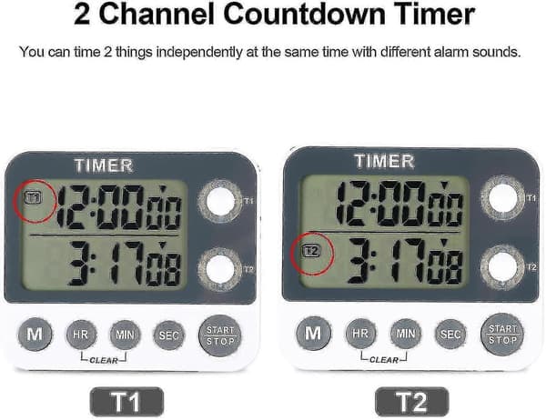 Digitalt køkkenur magnetisk stor skærm nedtællingsur 2 kanalgrupper 99 timer