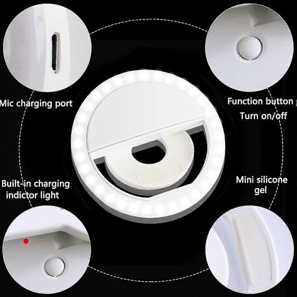 Selfie Ring Light Genopladelig Bærbar med 36 LED'er Egnet til iPhone/Android