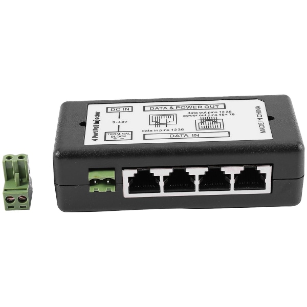 4 Port Poe Injektor Poe Strømadapter Ethernet Strømforsyning Pin 4,5(+)/7,8(-)indgang Dc12v-dc48v For