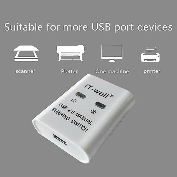 iT-well USB-skriverdelingsenhet, 2-i-1-ut-skriverdelingsenhet, 2-ports manuell kvm Switching Splitter Hub Converter White