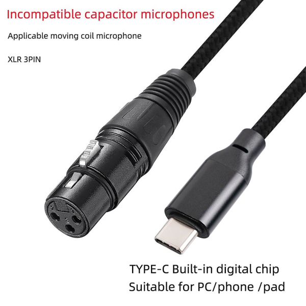 USB-C-XLR-sovitin, USB-C-urosliitin 3-nastaiseen XLR-naarasliittimeen, mikrofonikaapelin liitin, tietokoneen ääni- ja datakaapeli, 3 metriä