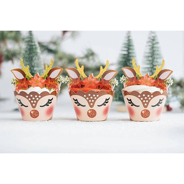 Julemandens Reindeer Rudolph Cupcake-papirer og -topper - 24 sæt - Julefester Dekorationer (Julehjort)