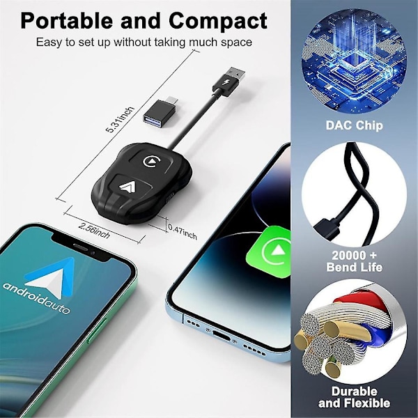 2-i-1 Trådløs Carplay & Android Auto Trådløs Adapter, trådløs Carplay Dongle til Kablet Carplay & Android (sort)