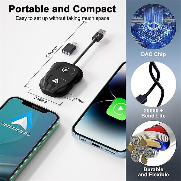 2-in-1 langaton Carplay & Android Auto -sovitin, langaton Carplay-dongle langalliselle Carplaylle ja Androidille (musta)