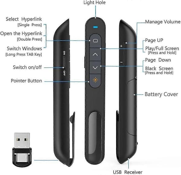 2 i 1 USB/Type C Trådløs Presenter PowerPoint Hyperlink Fjernkontroll Presentasjonsklikker