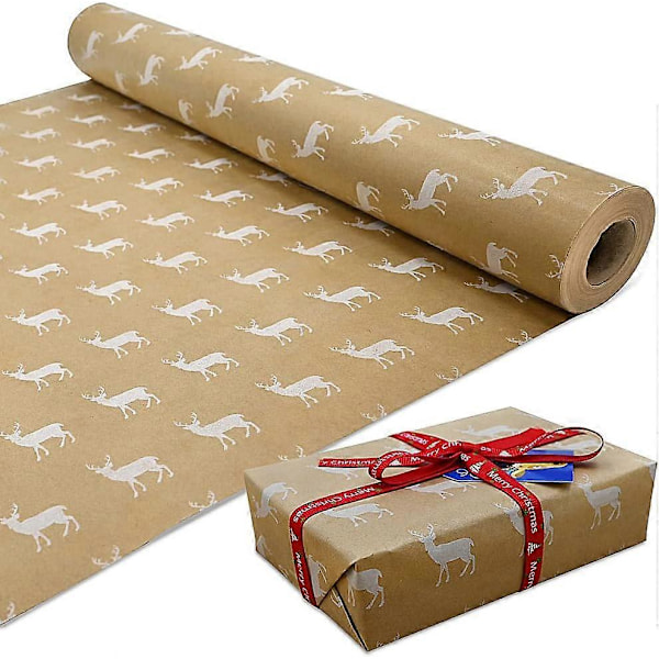 Rulle Kraft Vit Älg Omslagspapper, 100% Återvinningsbar ECO-gåva För Födelsedagspresent Fest Juldekorationer (15m x 43cm)