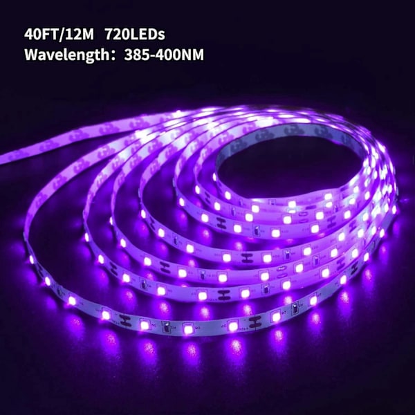 Black Light Strip, 12m fleksibel UV Black Light med LED-kit, 720 lamper