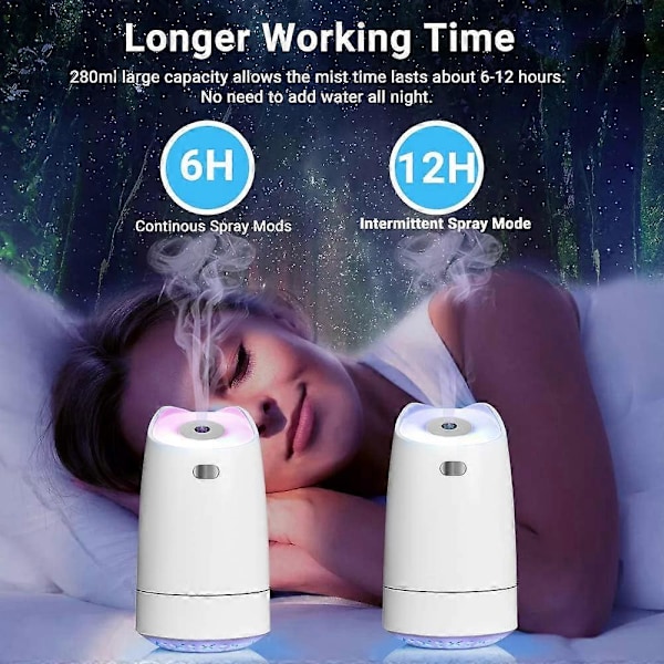 USB Mini Luftfukter, 280ml Bærbar Luftfukter, 7-Fargers LED Nattlys, Ultra-stille, Automatisk Avstenging-