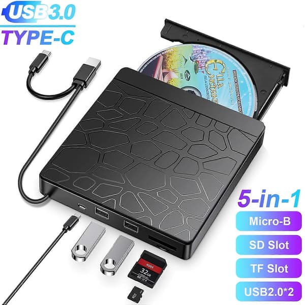 Ekstern CD DVD-drev til bærbar computer, 5-i-1 USB 3.0 Type-C CD DVD ROM +/-RW Brænder Skriver Læser, Doosl Slank Bærbar Optisk Disk Drev CD DVD Afspiller