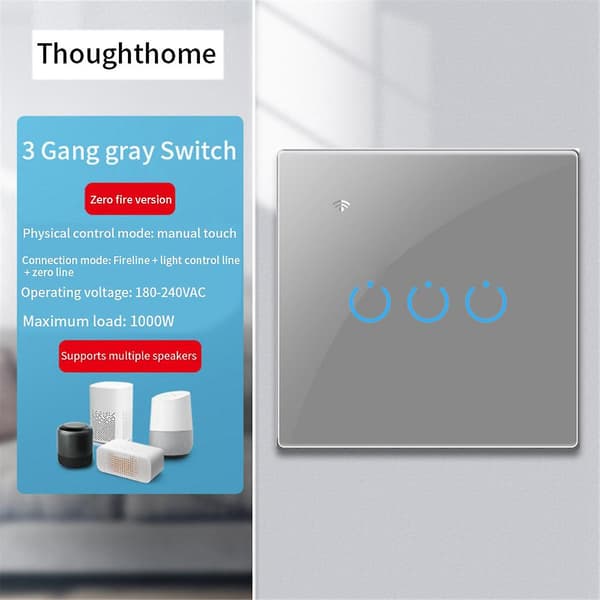 Tuya Wifi Smart Bryter Berøringslys Bryter Null Brannlinje 3 Bryter Grå