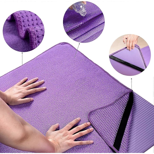 Mikrokuituinen Hot Yoga -pyyhematto liukumattomalla silikonipinnalla ja joustavilla kiinnitysnauhoilla, 61 x 183 cm (Violetti)