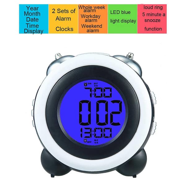 4 Tums Tvillingväckarklocka Hög Ljud Digital Väckarklocka Tid Datum Display, 2 Set Väckarklockor, Blå