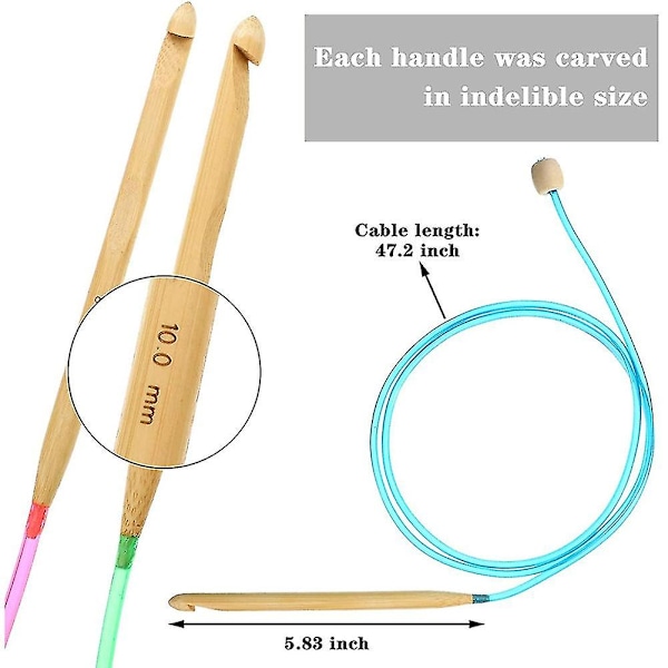 23 stk. hæklesæt med tunisisk hæklenål 3-10 mm kabel bambus strikkepind med perle carboniseret bambus