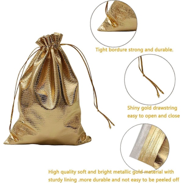 Pakkaus, jossa 100 kpl 9 x 12 cm:n (3,54\"x4,72\") kestävää kultaista organza-korupussia kiristysnyörillä, sopii häihin, juhliin, joululahjoihin, makeisille ja suklaalle
