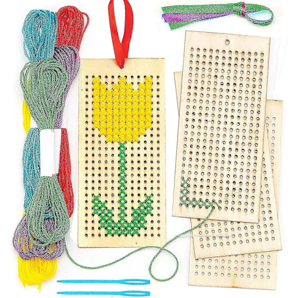 Korsstingssæt, Sæt med 4 Broderisæt til Begyndere, Korsstingsbroderisæt med Korsstingsramme, Nåle, Tråde, Bånd til Børn Beg