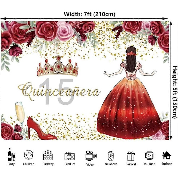 Quinceanera 15 års fødselsdag Baggrund til Piger Miss Quince 15 År Gammel Fest Baggrund Rød Blomsterkjole Prinsesse Femten Baggrund Kagebord Banner (7x