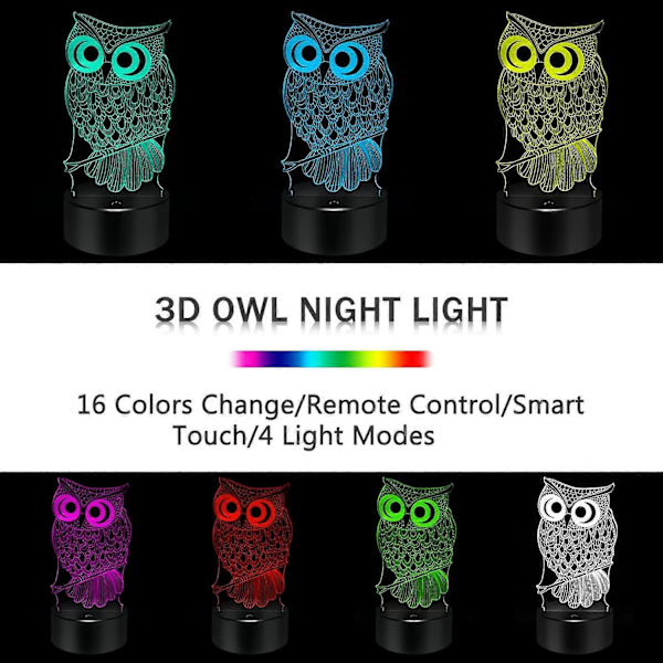 SBSG Ugle Gaver 3D Ugle Lampe, Touch & Fjernbetjening - 16 Farveskift Natlampe - Soveværelse Dekoration Legetøj