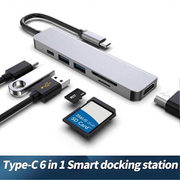 Dockningsstation Höghastighetsöverföring Laddning Plug Play Typ-C HDMI-kompatibel 4K USB3.0 6 i 1 Hub Splitter för Kontor