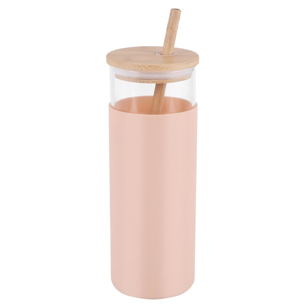 17 oz glasglas Bærbar glasvandflaske Halm Silikone Beskyttende ærme Bambuslåg-pink