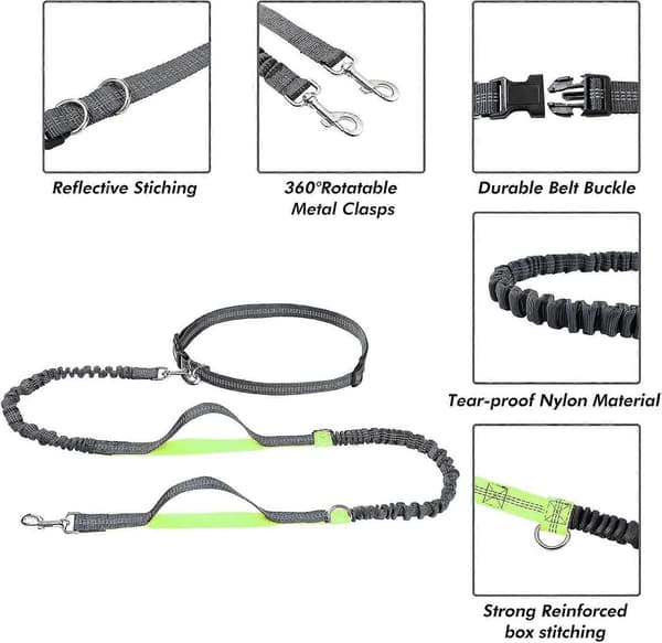 Hands Free Hundkoppel med Reflex Bungee, Justerbart Midjebälte, Hundkoppel med Dubbla Handtag