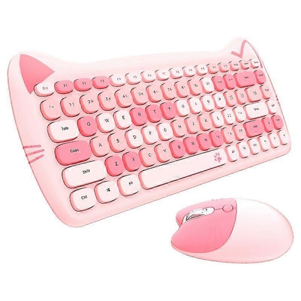 Söpö Kissa 2.4G Langaton Hiljainen Pieni Näppäimistö Hiiri Yhdistelmäsetti Tyttö Lahja 84 Näppäin Macarone Pinkki Violetti Keltainen PC Läppärille L1603