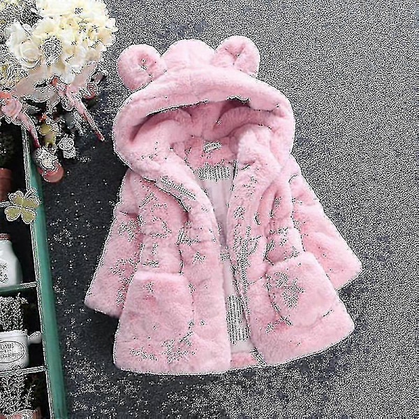 Pige Fluffy Faux Fur Hættefrakke Fleece Jakke Vinter Varmt Overtøj