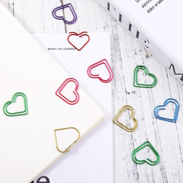100 stk hjerteformede papirclips, fargerike papirclips, søte metallpapirclips, morsomme