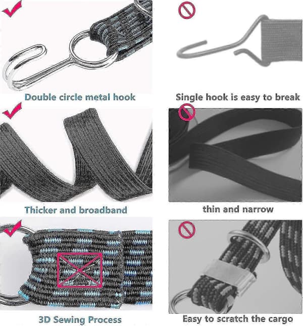 Set med 6 buntband med krokar, 4 extra långa elastiska remmar och 2 blå elastiska band på 2 m