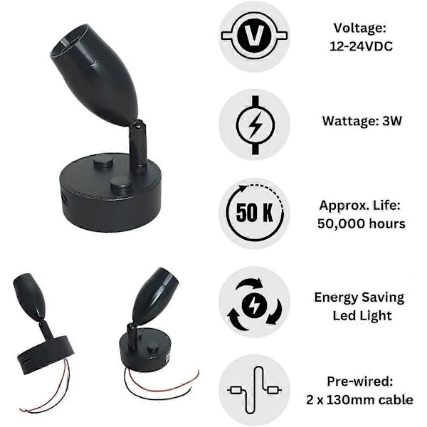LED Leselys 12V-24V 3W Svart Spotlight, Berøringskontrollert Bryter, USB-Lading, For Caravan Bobil Båt Sengelampe