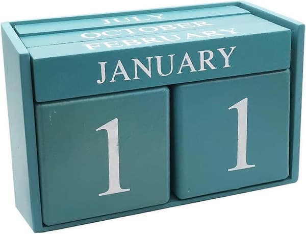 Skrivbordskalender i trä - Evighetskalender med block för månad och datum, heminredning, kontorsdekoration, blå)