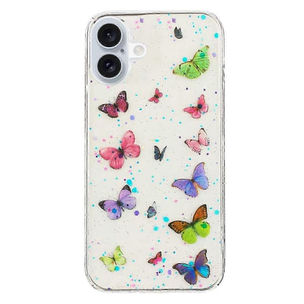 For iPhone 16 Deksel Anti-fall TPU Telefon Bakdeksel Epoxy Glitter Sommerfugl - Blå