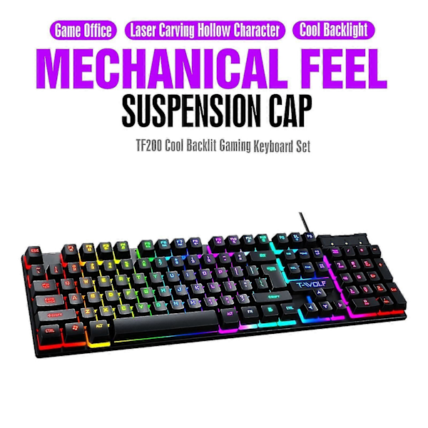 2020 Tf200 Regnbågsbakgrundsbelyst Ergonomiskt USB-gamingtangentbord för PC Laptop