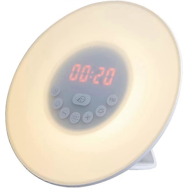 Solnedgångslarm Klocka Väckarklocka, Ljuslarm med Soluppgång och Snooze-funktion, 7 Färgade Atmosfärslampor, FM-radio, Inbyggd Telefonladdningsport för