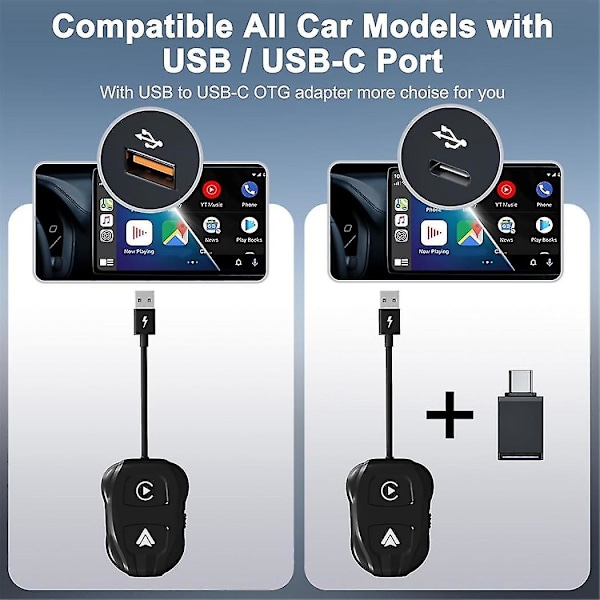 2-i-1 Trådløs Carplay & Android Auto Trådløs Adapter, trådløs Carplay Dongle til Kablet Carplay & Android (sort)