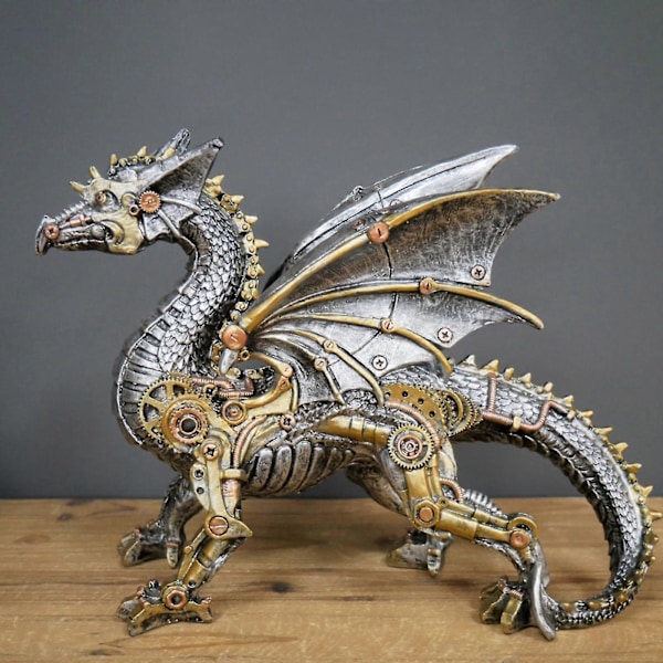 Steampunk Dragefigur Gotisk Bronsefinish Mytisk Statue 9\" Lang