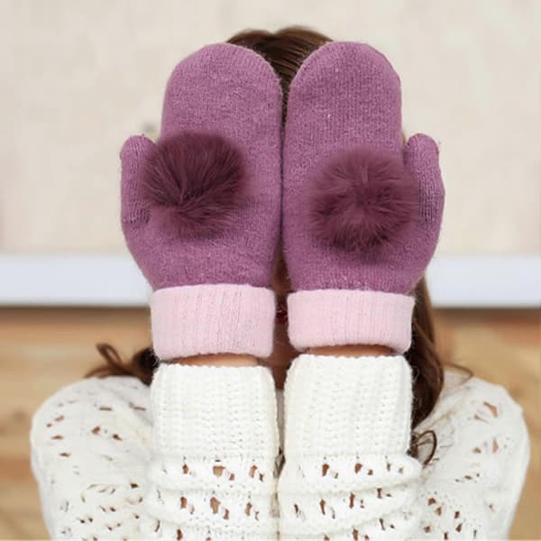 Farfi Dame Vinter Søde Varme Pompom Faux Kaninpels Strikkede Fuld Finger Votter Handsker Sort