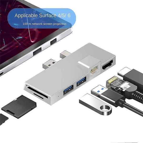 Docking Station Hub til Surface Pro 4 5 6 med 4K-kompatibel TF-kortlæser Gigabit Ethernet 2 USB