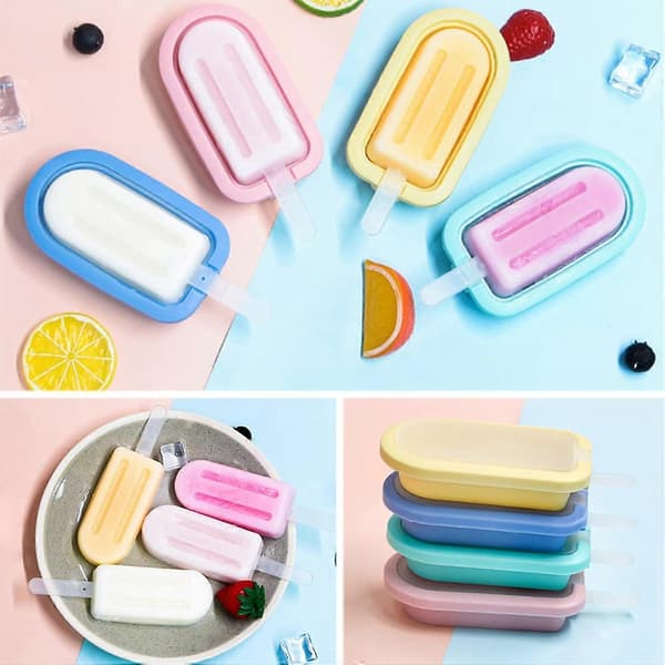 4 Stykker Isforme med Pinde, Genanvendelige Silikone Ispindeforme, Mini Ismaskine med Spildsikkert Låg, BPA-fri