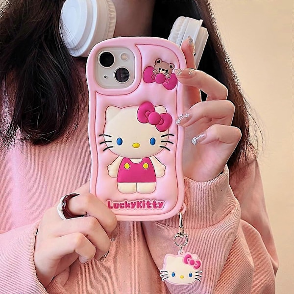 Tecknat Silikonfodral för iPhone 14, Sött Roligt Kawaii Kitty Katt Djur Karaktär Mobilskal 3D-skydd Mobilskal för Barn Flickor och Kvinnor (Kitty-Case-