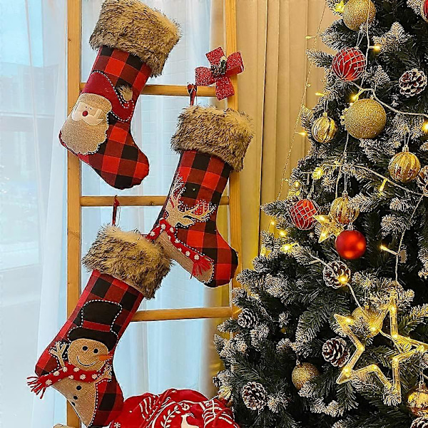 Jule Strømpe 3 stk., 47CM Store Jule Strømper, Buffalo Plaid Jule Strømper Pejs Julepynt