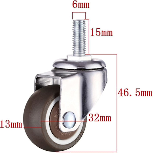 4 Pakke M6 X 15mm Møbel Svingbare Hjul Med 32mm Tråd Tpe Myk Gummi 32mm Tråd