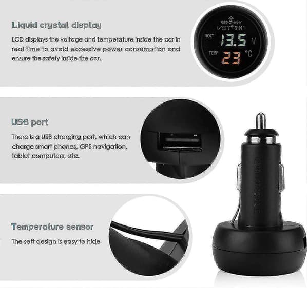 Bil Voltmeter, 3 i 1 12-24v Bil USB Oplader Voltmeter Med LCD Digital Display Panel Temperatur Tester Spændingsmåler Til Biler Og Tr