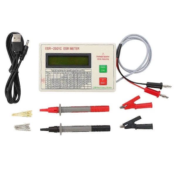 Ny ESR2501C Kondensator ESR-Tester Test i krets Kapasitansmåler med testledninger Klippbatteri