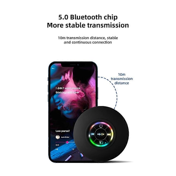 Mini Bluetooth-högtalare Vattentät Badrum Ljud Trådlös Duschhögtalare RGB-lampa Bluetooth Sugkoppshögtalare, Svart