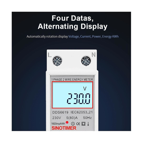 Dds6619-008 1-fase to-leder LCD digital skjerm Wattmåler Strømforbruk Energi Elektrisk måler